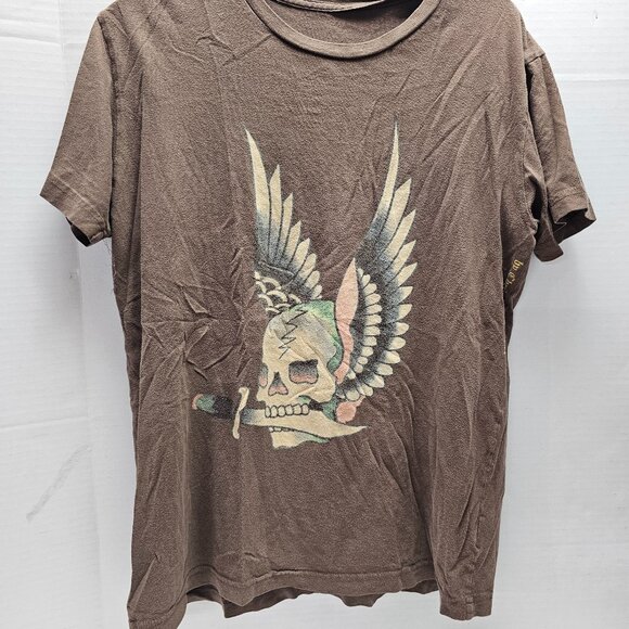 Don Ed Hardy T Tee Shirt Brown Made in USA Skull Sword Angel Christian Audigier - Picture 1 of 13